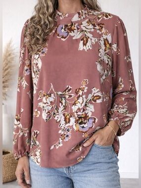 Shein Mauve Pink Floral Mock Neck Top Keyhole Back Long Sleeve Size 1X